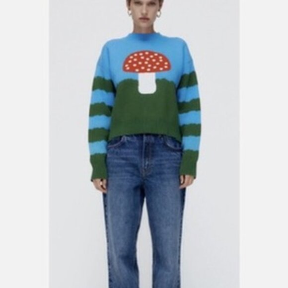 ZARA Mushroom Toadstool Blue Green Striped Check Quirky Indie Sweater Medium - Picture 2 of 15